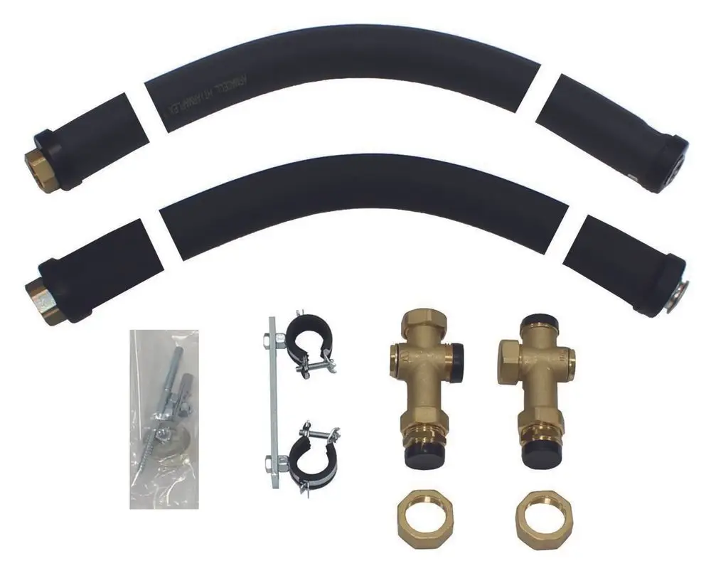 Flexible Verbindungsschläuche und Kupplungen für Vaillant Kessel, bestehend aus Gummi und Messing, für Heizungsinstallationen. Zubehörteile zur Sicherung und Montage enthalten.